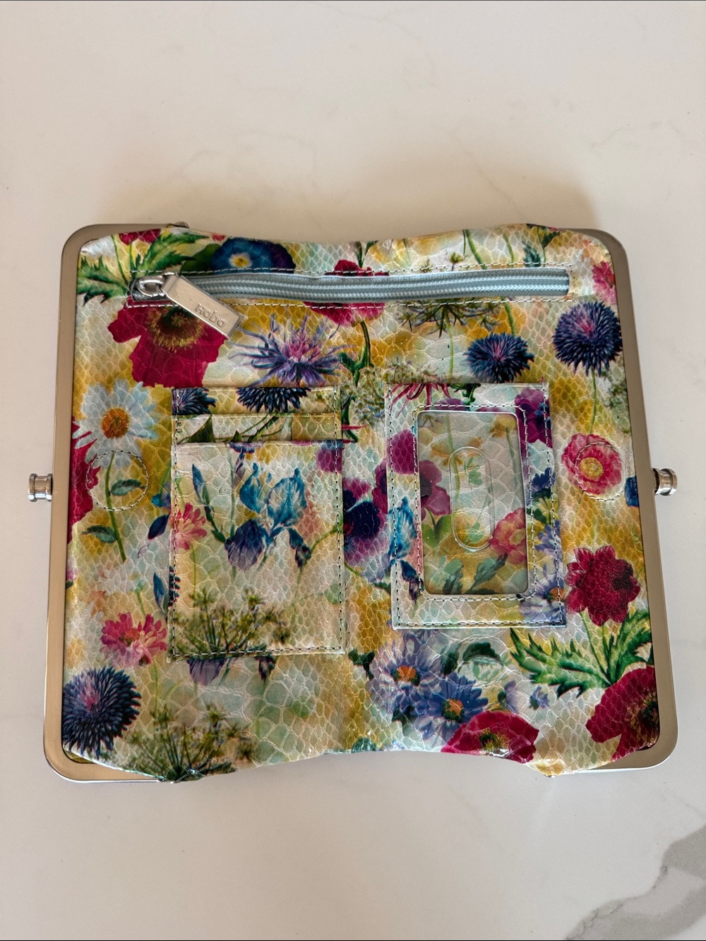 Hobo double sided folding Leather wallet Spring Floral Teal lining organization - Picture 3 of 16